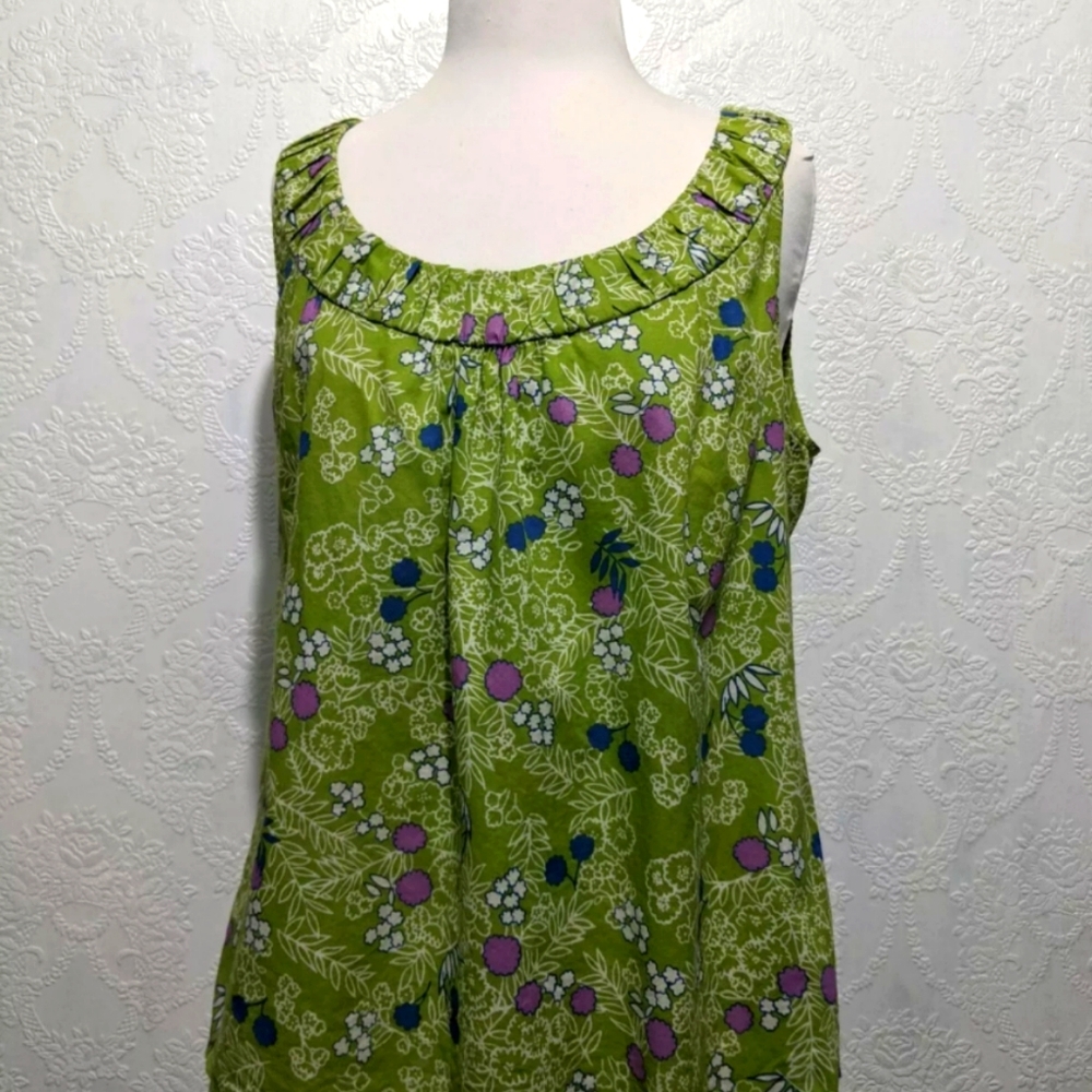Boden Green Floral Sleeveless Ruffle-Neck Blouse with Pink & Blue Accents